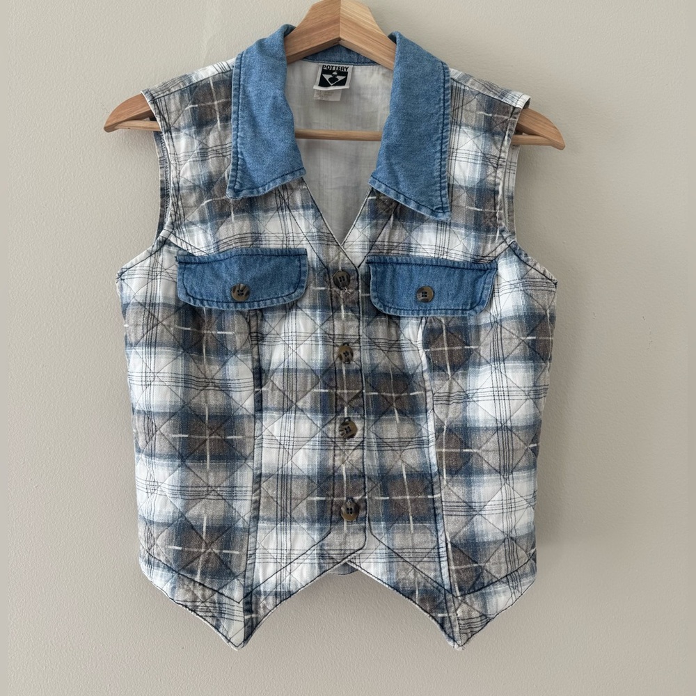 VINTAGE Quilted Plaid Denim Vest Paper Tag Small Blue Tan Boho